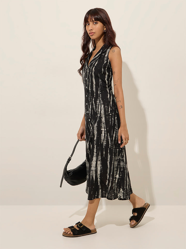 Bombay Paisley Black Printed Cotton A-Line Shirt Dress