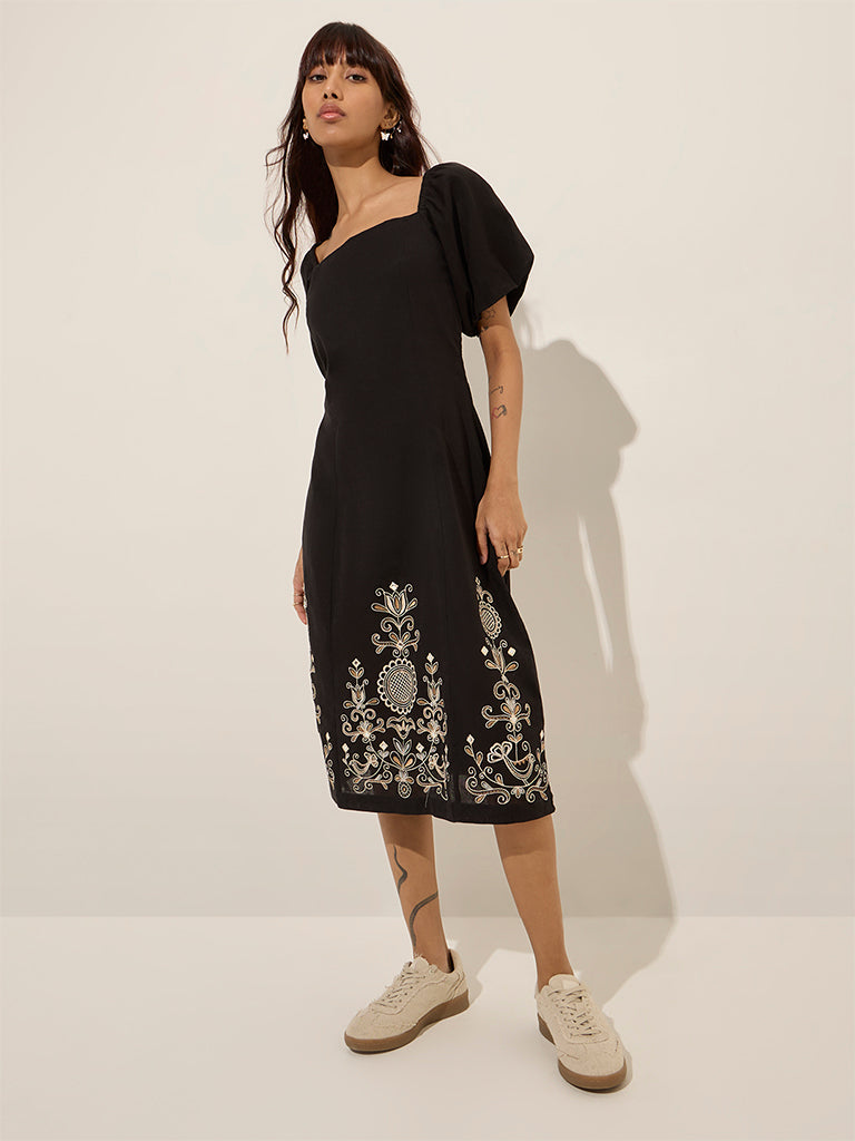 Bombay Paisley Black Embroidered Cotton-Blend A-Line Dress