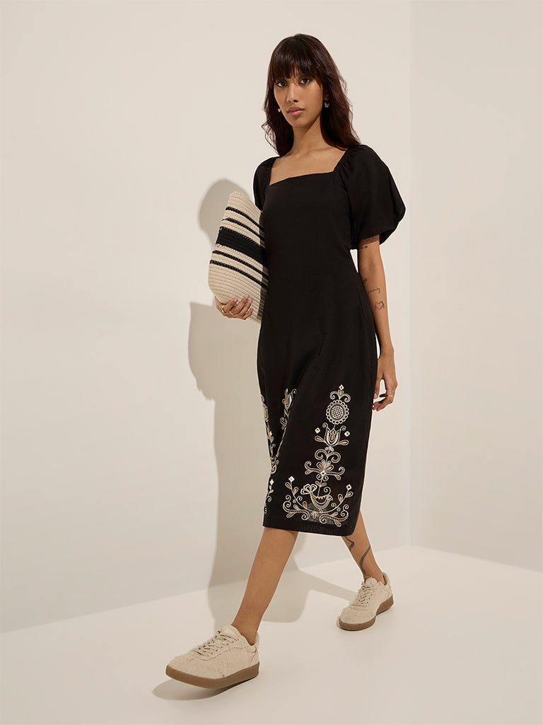 Bombay Paisley Black Embroidered Cotton-Blend A-Line Dress