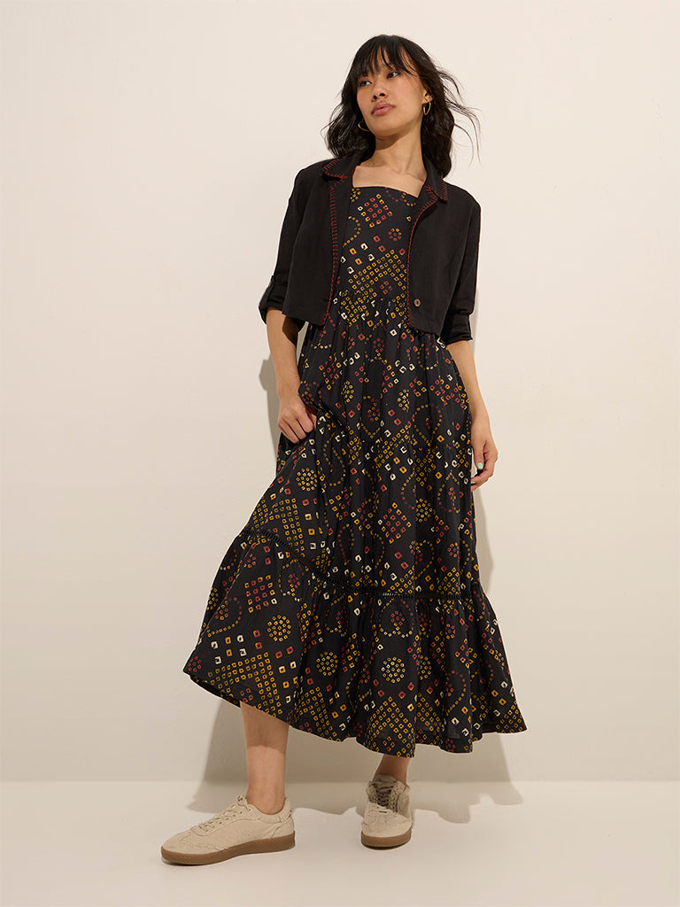 Bombay Paisley Black Bandhani Printed Tiered Dress with Jacket