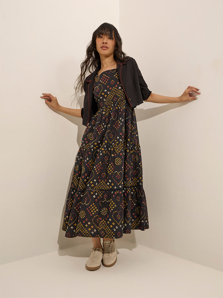 Bombay Paisley Black Bandhani Printed Tiered Dress with Jacket