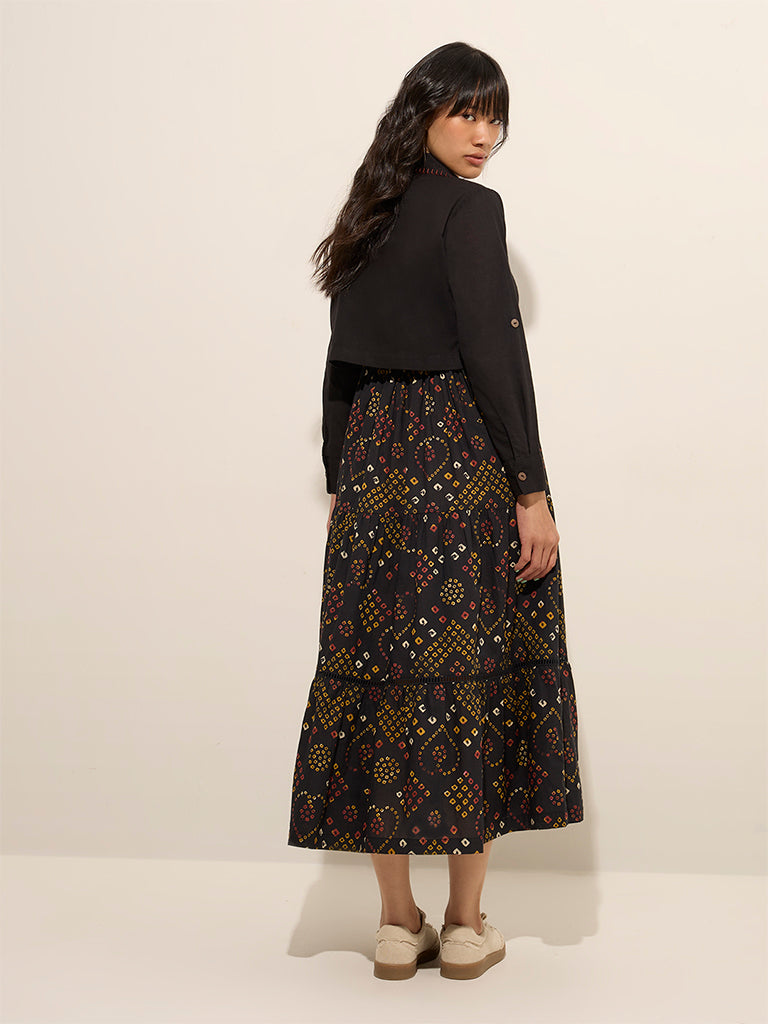 Bombay Paisley Black Bandhani Printed Tiered Dress with Jacket