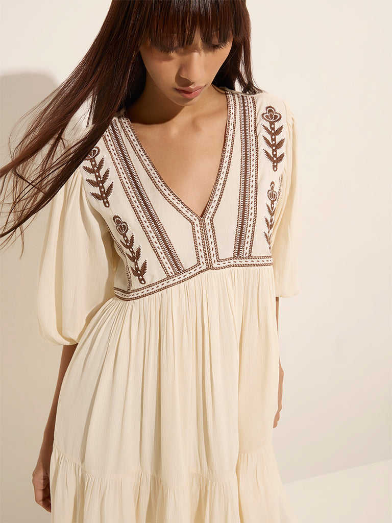 Bombay Paisley Off-White Embroidered Cotton A-Line Dress