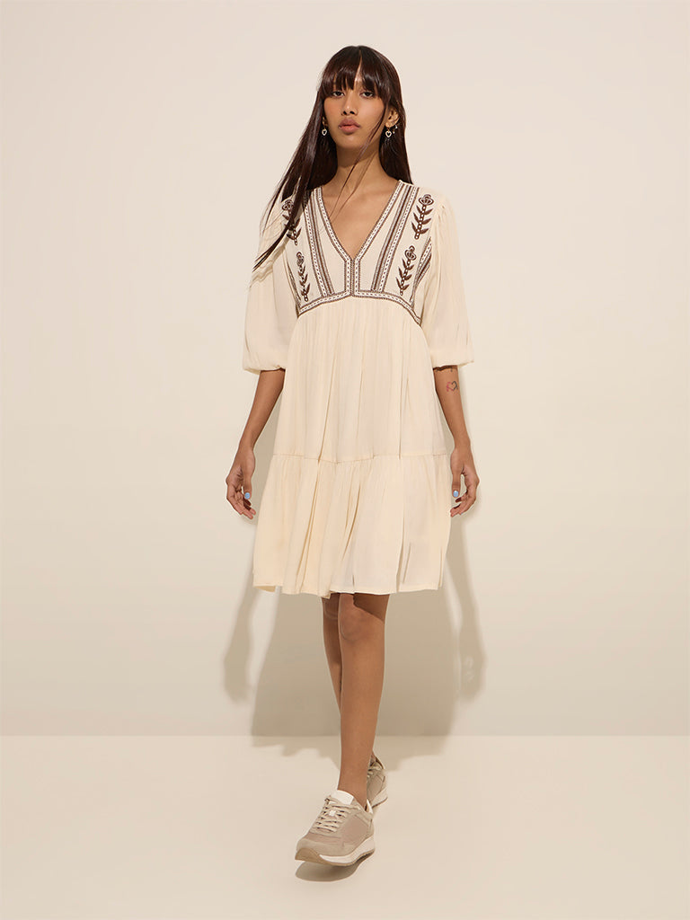 Bombay Paisley Off-White Embroidered Cotton A-Line Dress