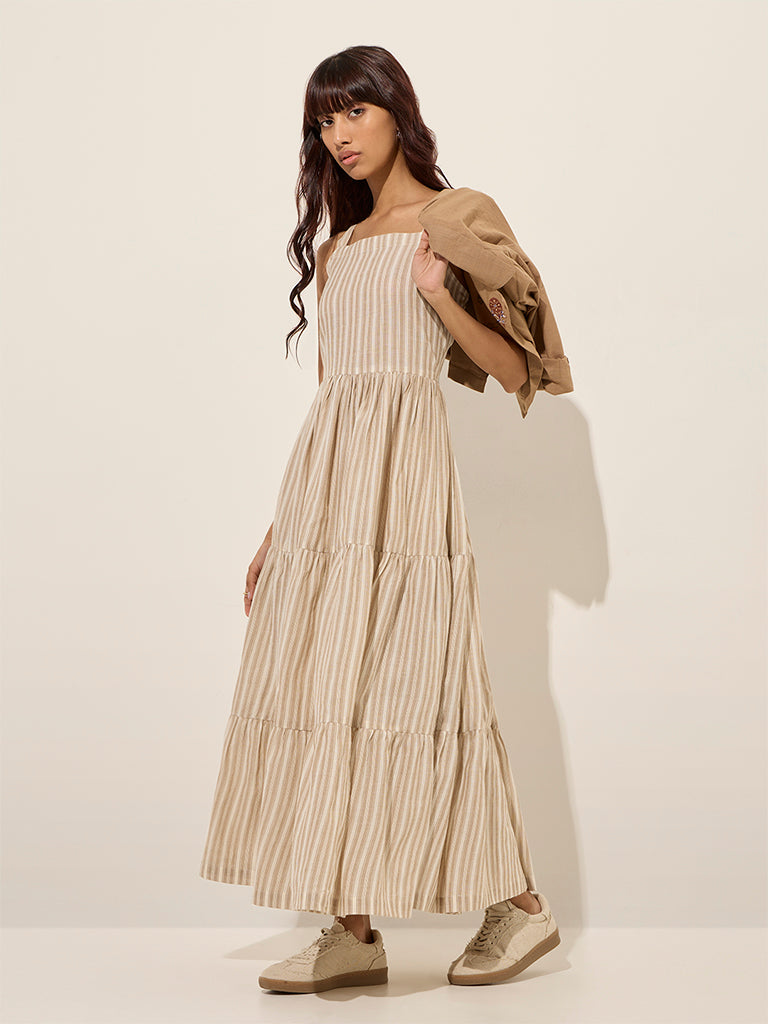 Bombay Paisley Taupe Stripe Cotton Tiered Dress with Jacket