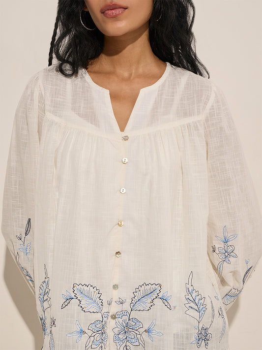 Bombay Paisley Ivory Floral Embroidered Cotton Top