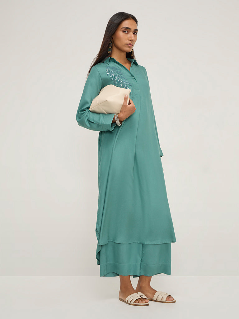 Utsa Teal Leaf Embellished A-Line Kurta