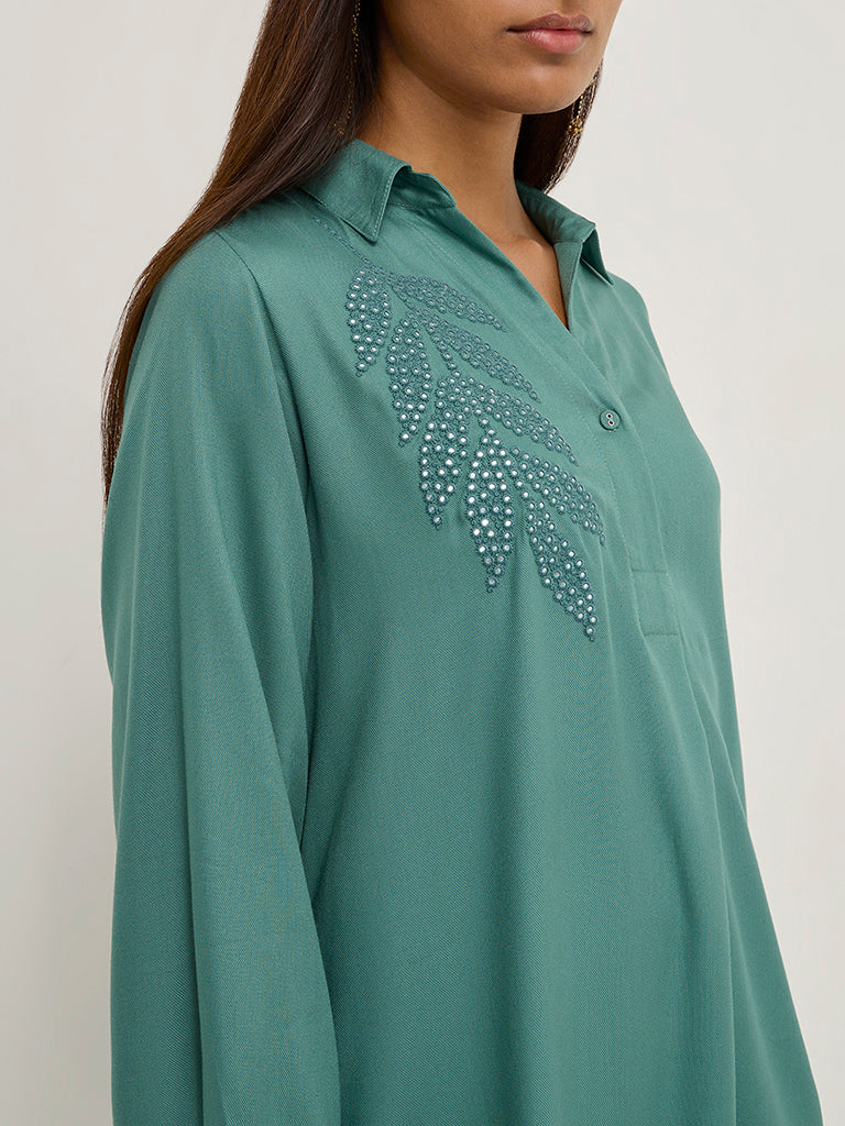 Utsa Teal Leaf Embellished A-Line Kurta