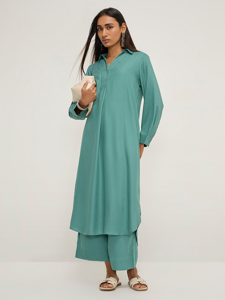 Utsa Teal Leaf Embellished A-Line Kurta