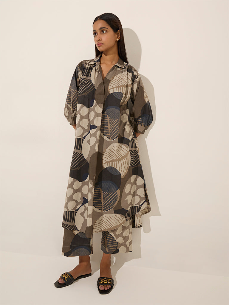 Utsa Charcoal Leaf Printed A-Line Cotton Kurta