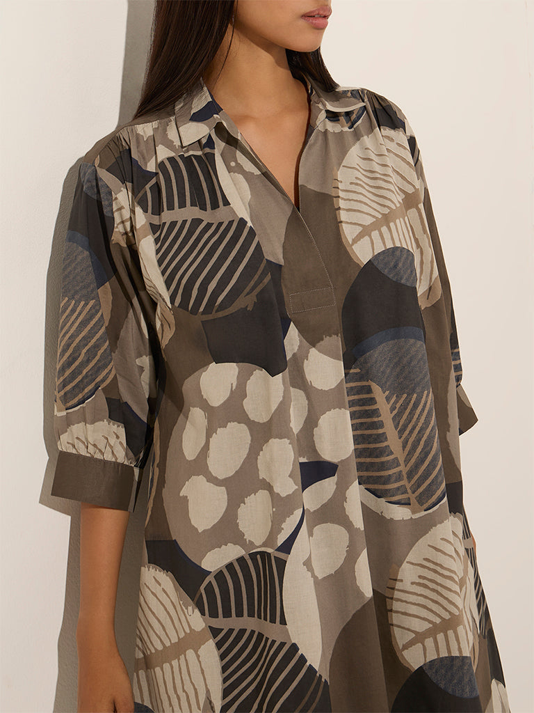 Utsa Charcoal Leaf Printed A-Line Cotton Kurta