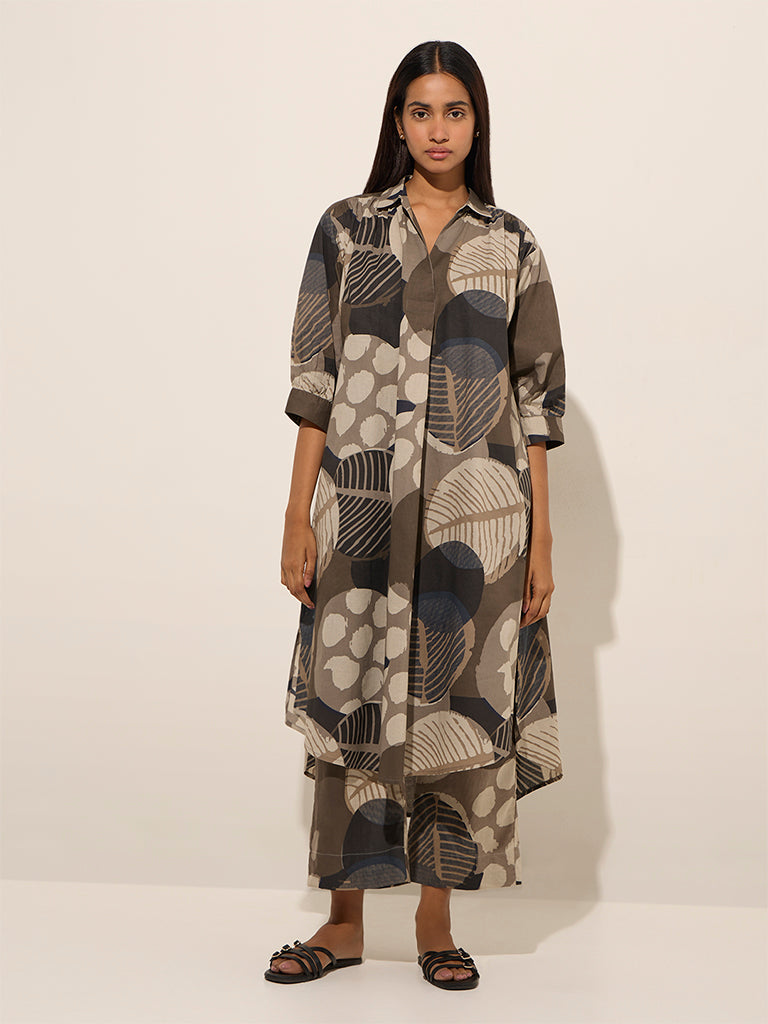 Utsa Charcoal Leaf Printed A-Line Cotton Kurta