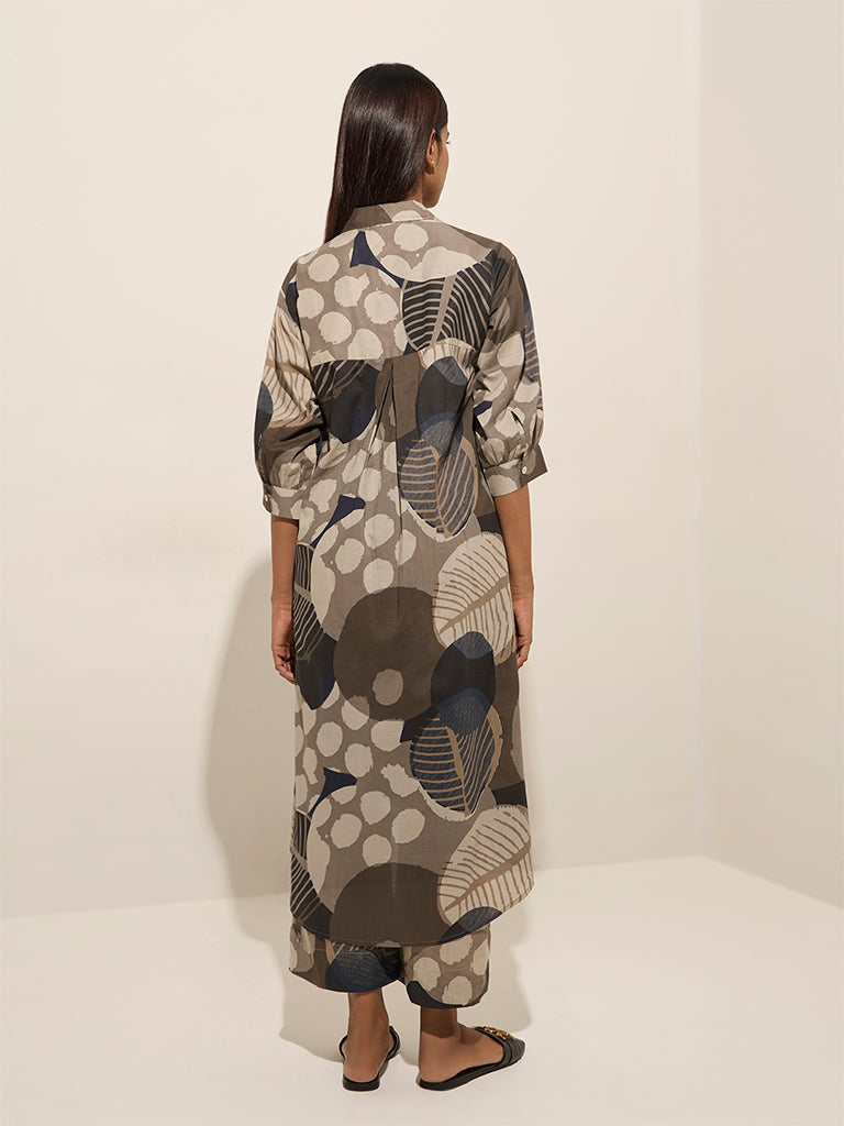 Utsa Charcoal Leaf Printed A-Line Cotton Kurta