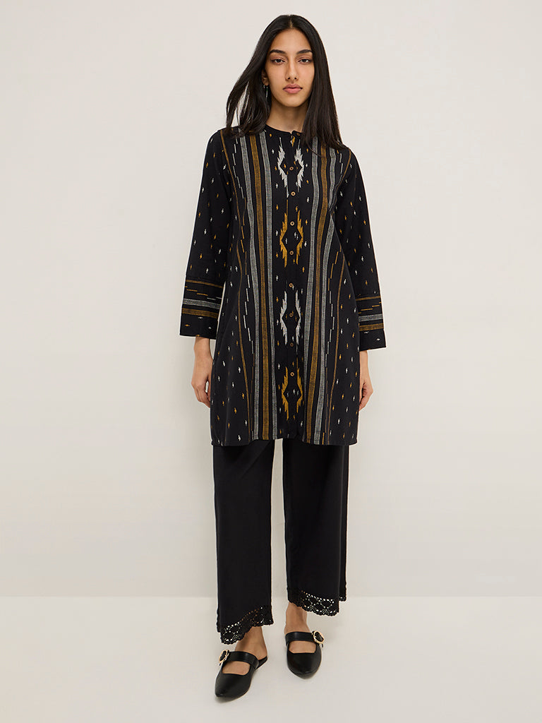 Utsa Black Printed Cotton Blend A-Line Kurta