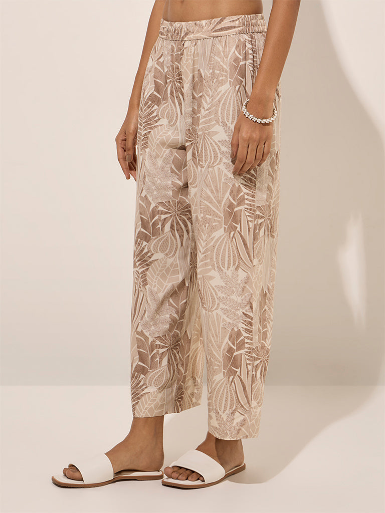 Utsa Taupe Tropical Printed Pants