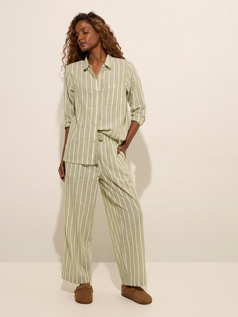 Wunderlove Olive Striped Cotton Shirt and Pyjamas Set