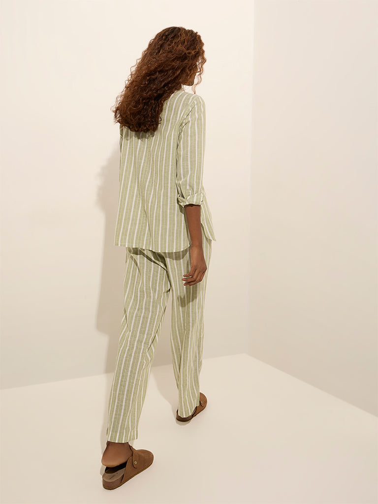 Wunderlove Olive Striped Cotton Shirt and Pyjamas Set