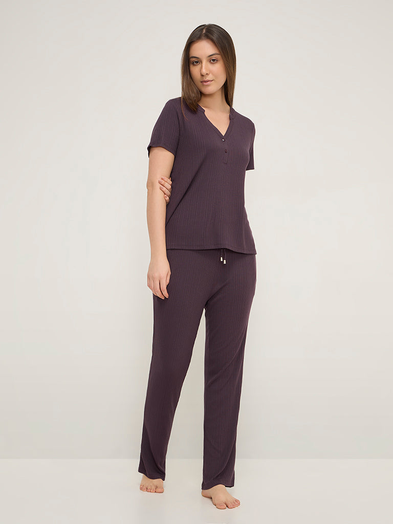 Wunderlove Purple Ribbed Modal High-Rise Lounge Pants