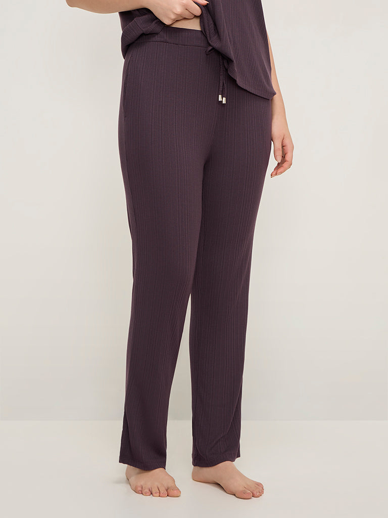 Wunderlove Purple Ribbed Modal High-Rise Lounge Pants