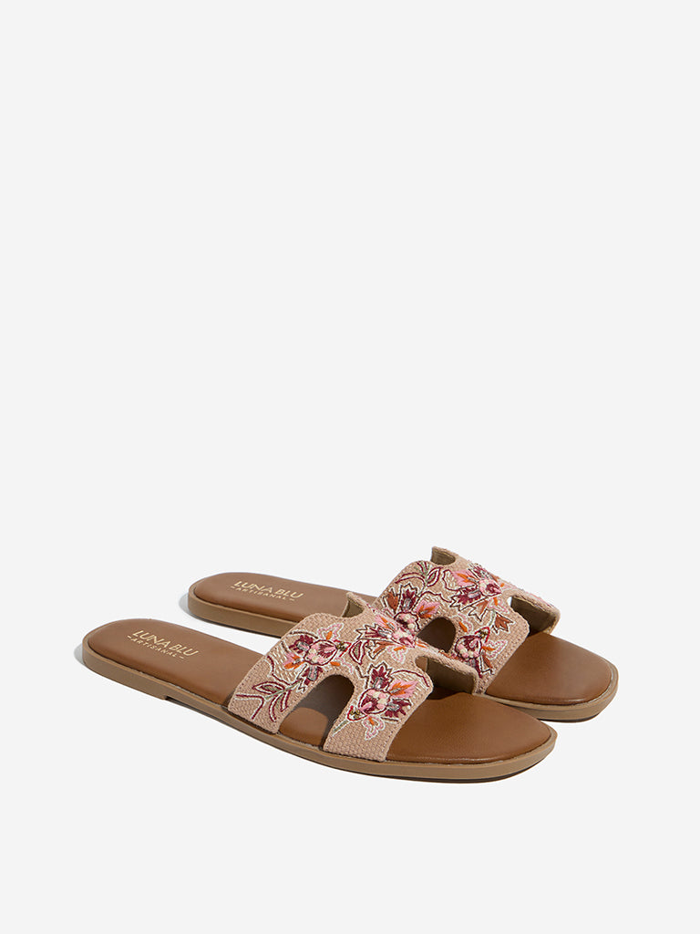 LUNA BLU Taupe Embroidered Slides