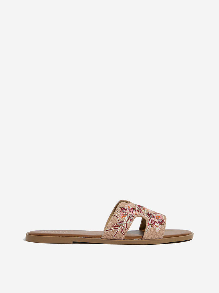 LUNA BLU Taupe Embroidered Slides