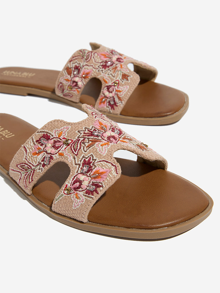 LUNA BLU Taupe Embroidered Slides