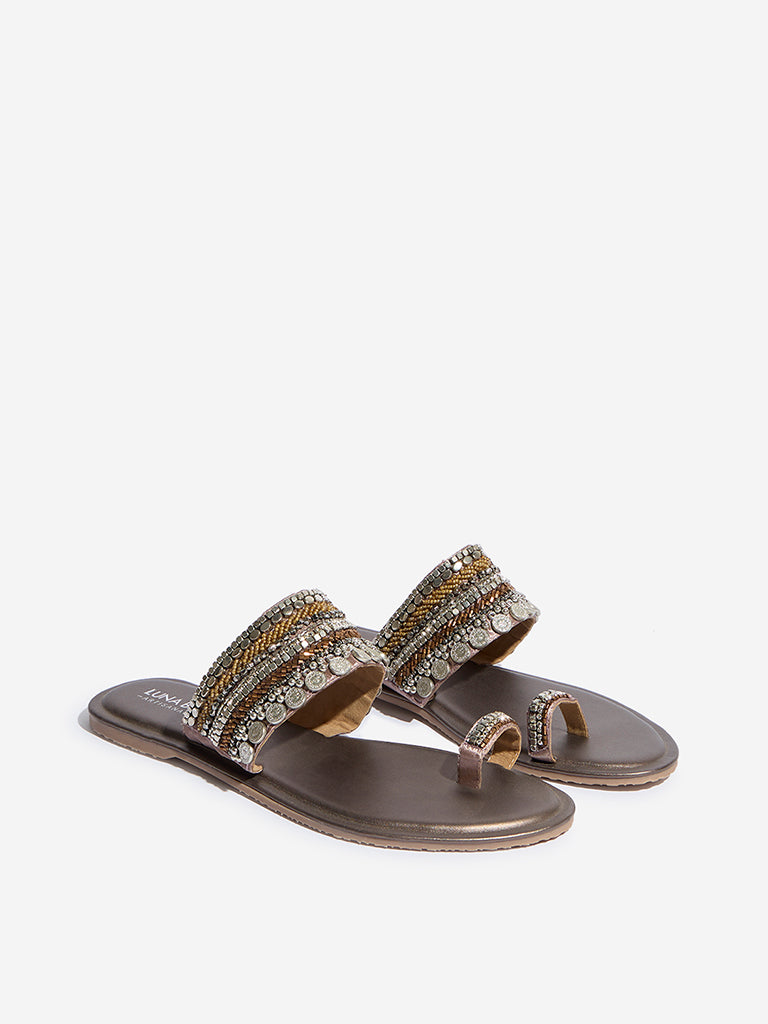 LUNA BLU Dark Brown Embellished Toe-Ring Sandals