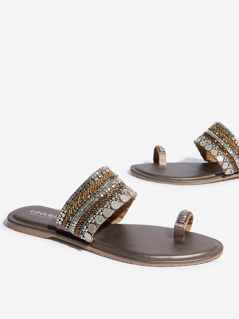 LUNA BLU Dark Brown Embellished Toe-Ring Sandals