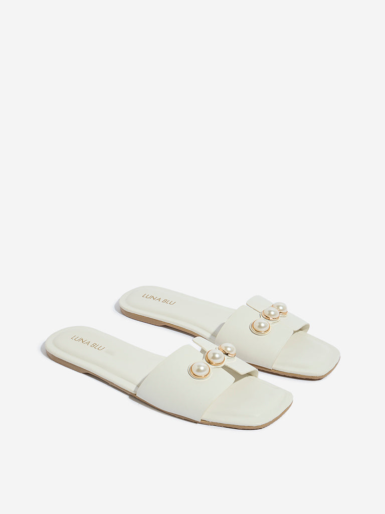 LUNA BLU White Pearl Embellished Slides