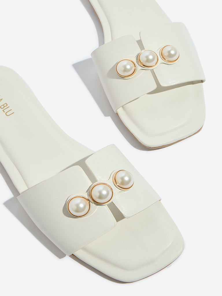 LUNA BLU White Pearl Embellished Slides