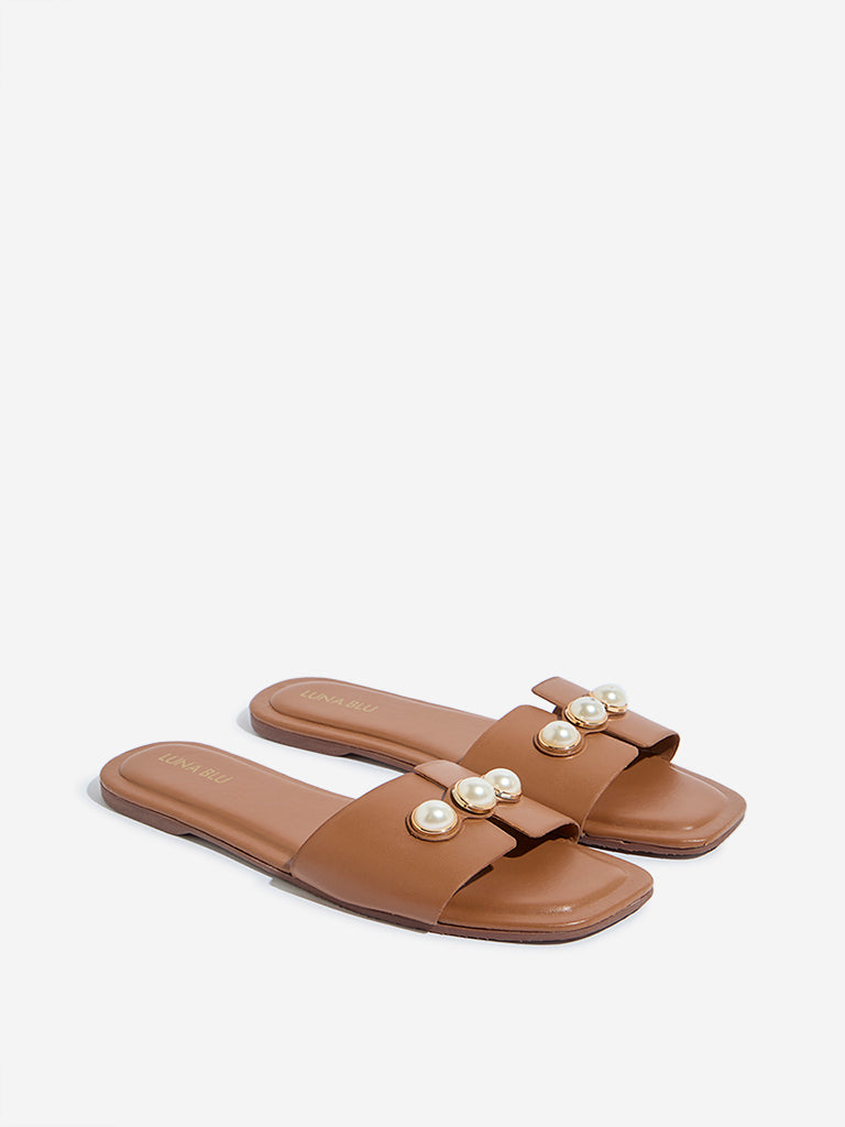 LUNA BLU Tan Pearl Embellished Slides