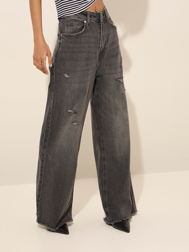 Nuon Grey Ripped Relaxed - Fit High - Rise Jeans