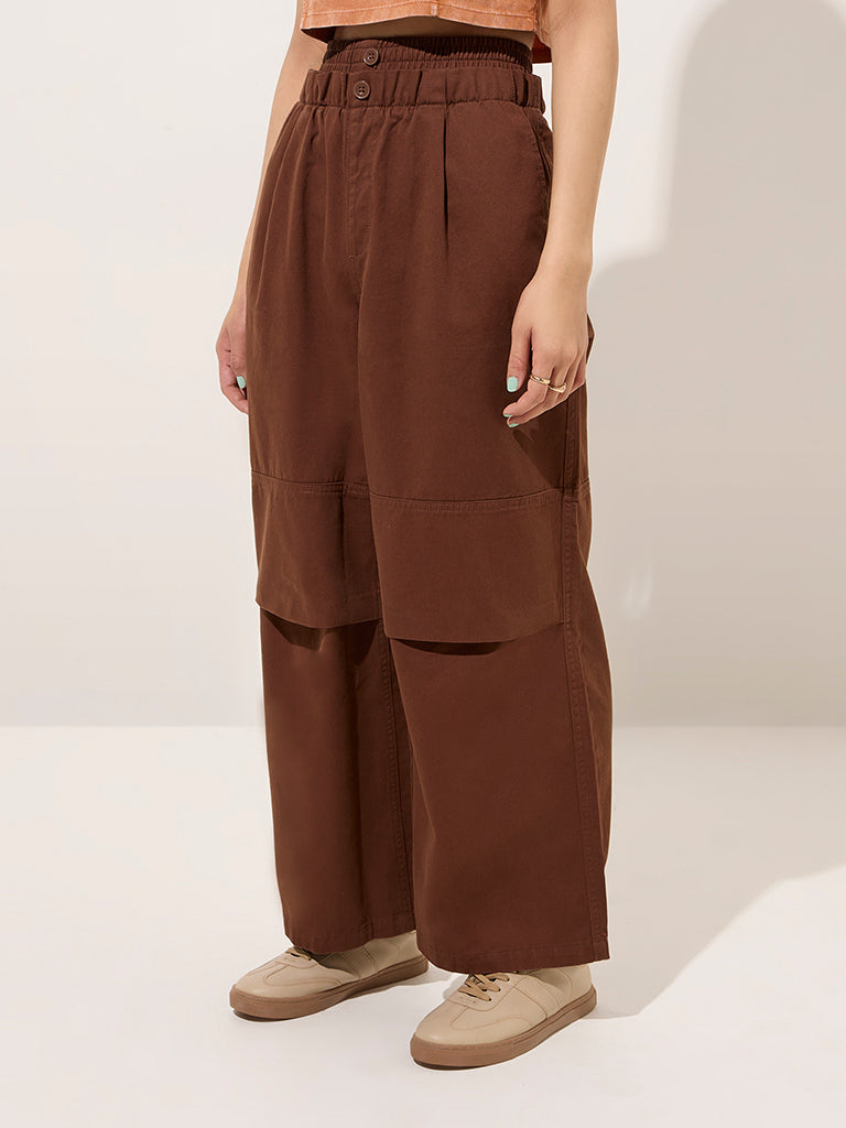 Westside Nuon Women's Dark Brown Wide-Leg High-Rise Cotton Pants for Casual Wear Front View