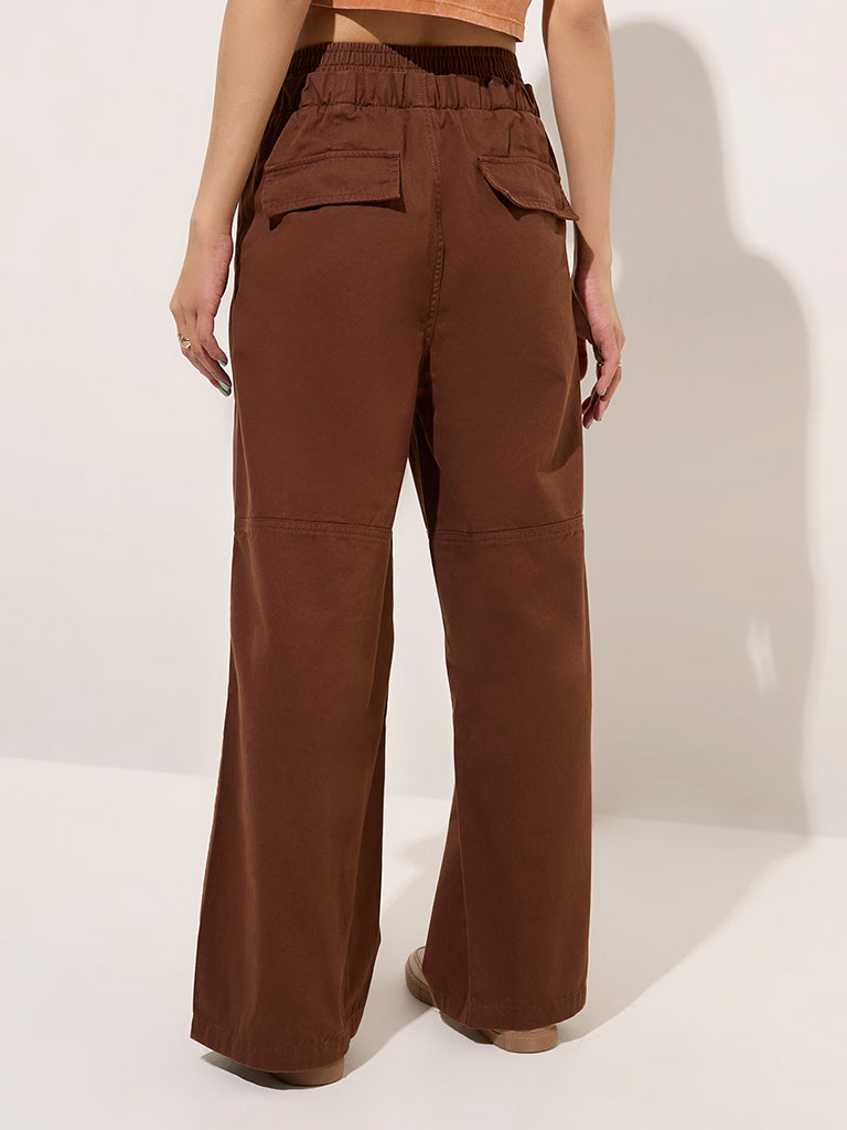 Westside Nuon Women's Dark Brown Wide-Leg High-Rise Cotton Pants for Casual Wear Back View