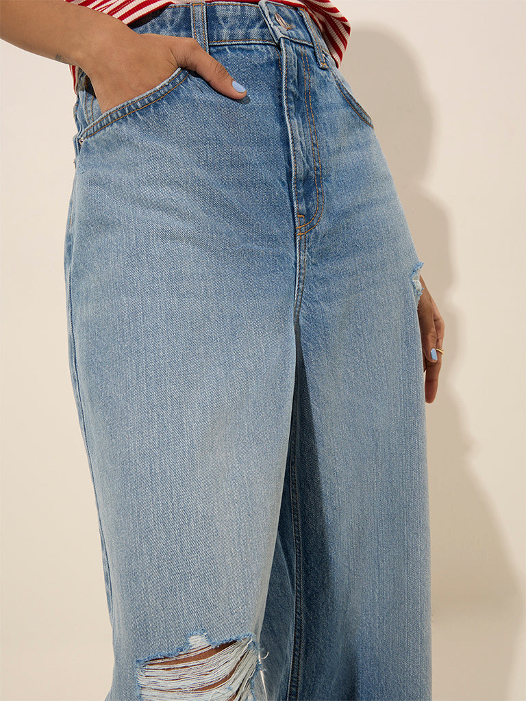 Nuon Blue Ripped Relaxed - Fit High - Rise Jeans