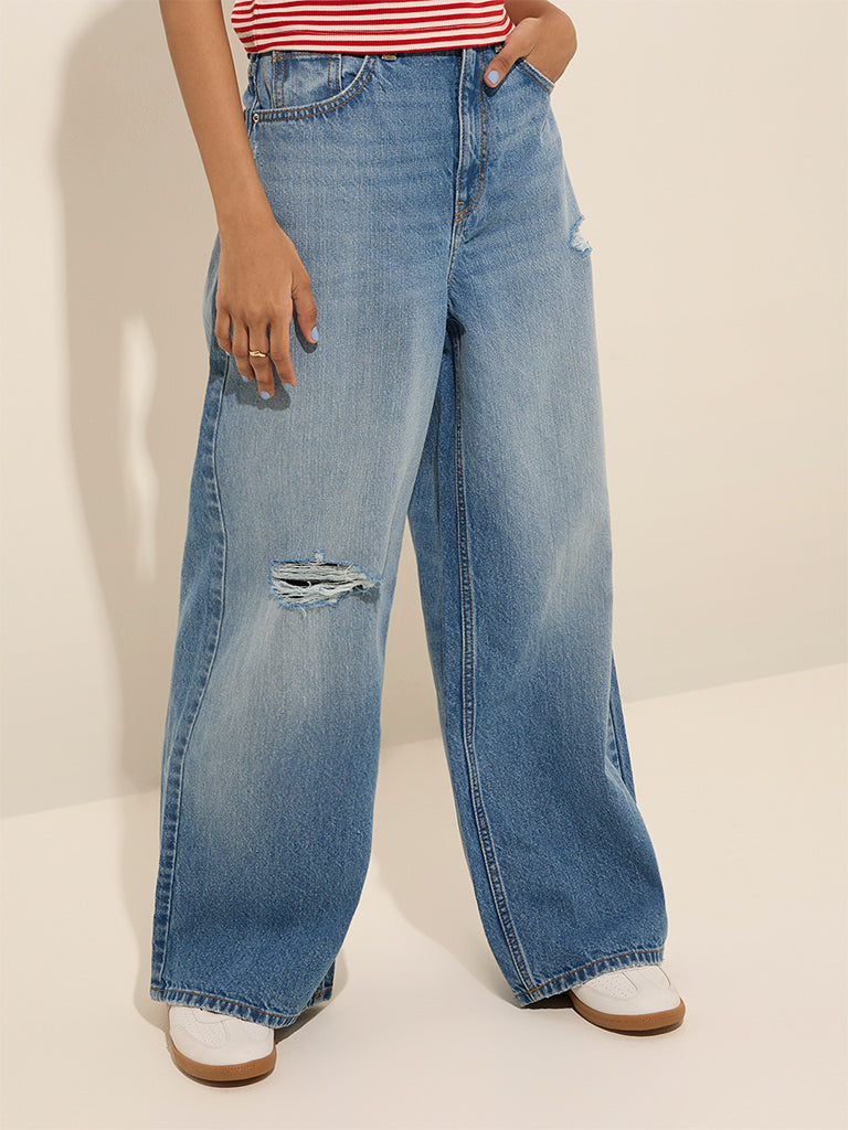 Nuon Blue Ripped Relaxed - Fit High - Rise Jeans