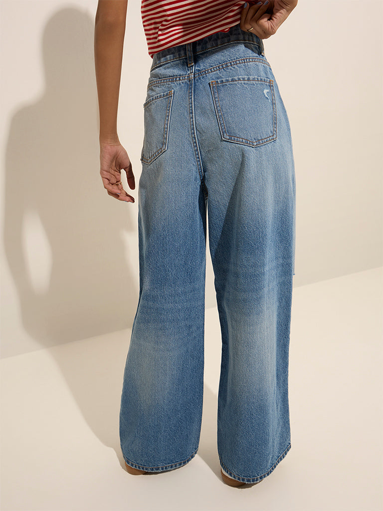 Nuon Blue Ripped Relaxed - Fit High - Rise Jeans