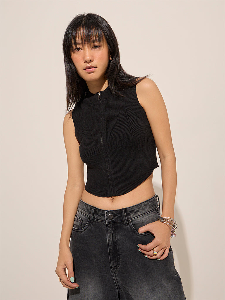 Nuon Black Ribbed Textured Top