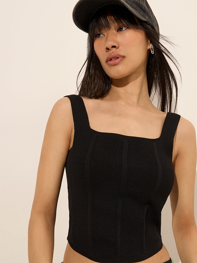 Nuon Black Corset-Style Cotton Top