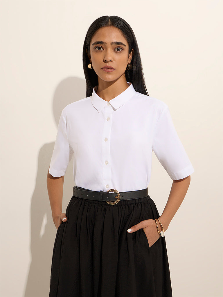 Wardrobe White Solid Cotton Shirt