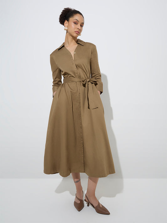 Wardrobe Khaki Cotton Shirt Dress with Belt