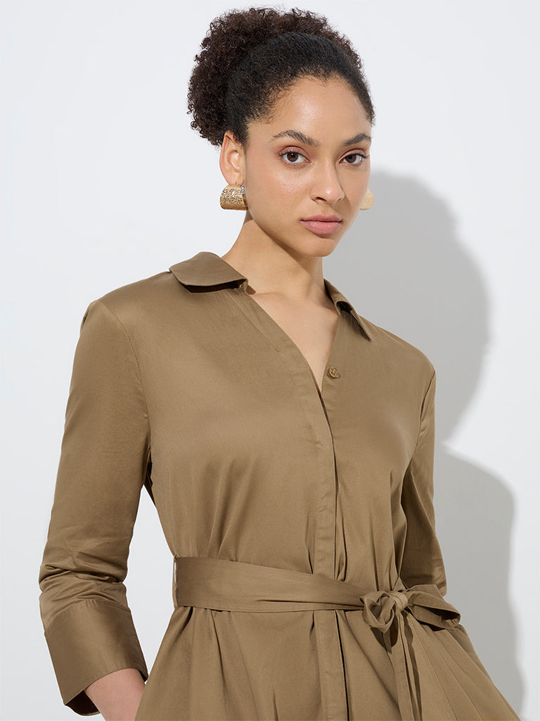 Wardrobe Khaki Cotton Shirt Dress with Belt