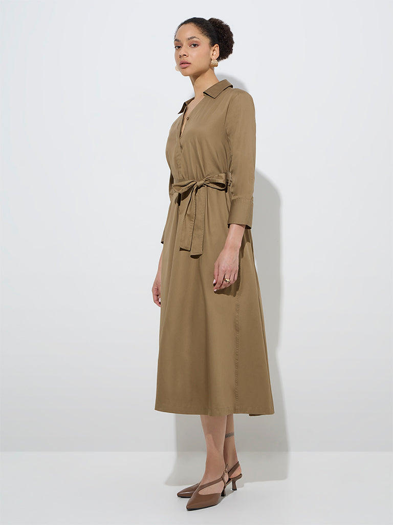 Wardrobe Khaki Cotton Shirt Dress with Belt