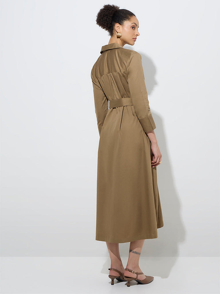 Wardrobe Khaki Cotton Shirt Dress with Belt