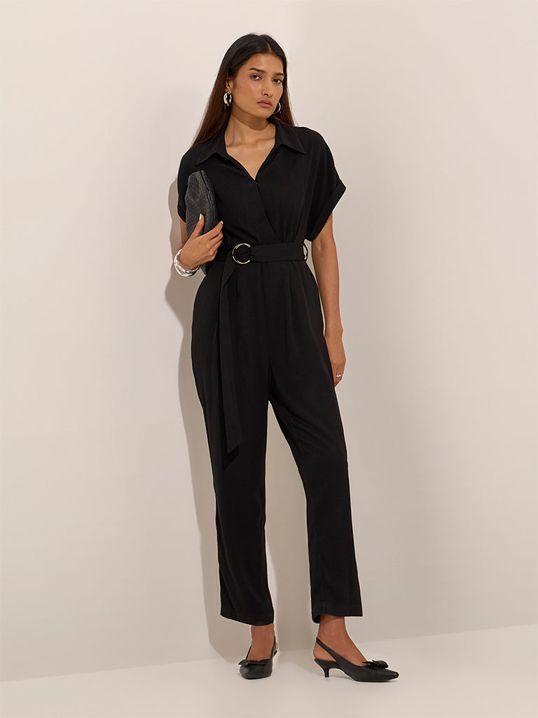 Wardrobe Black Solid Jumpsuit with Belt