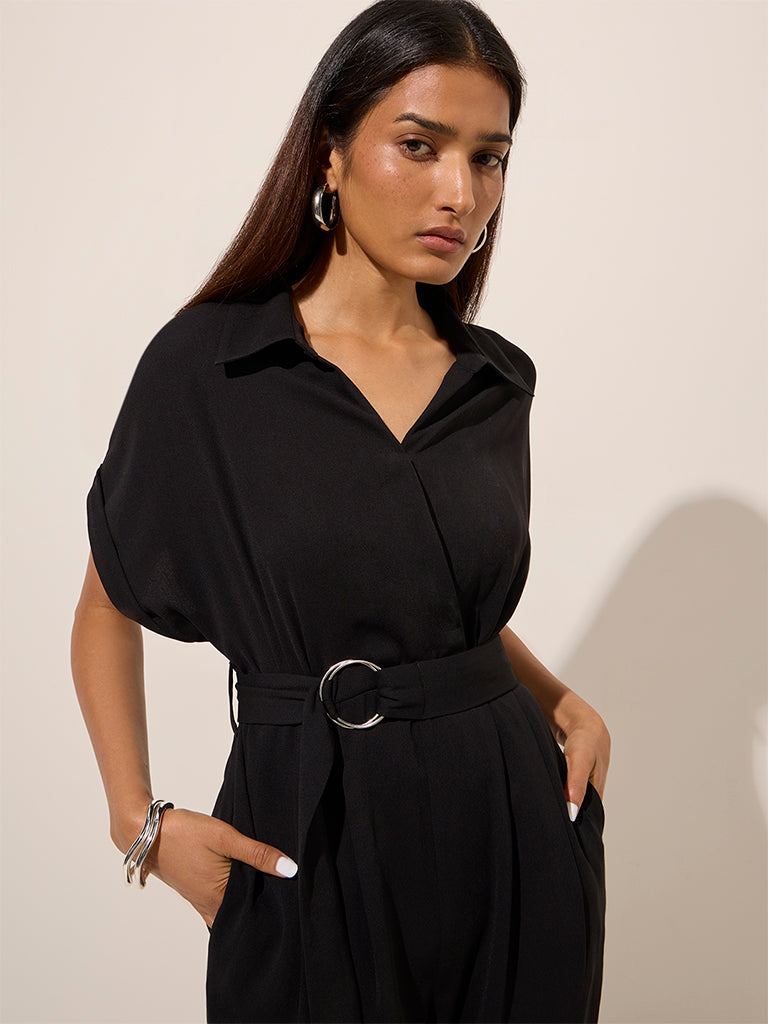 Wardrobe Black Solid Jumpsuit with Belt