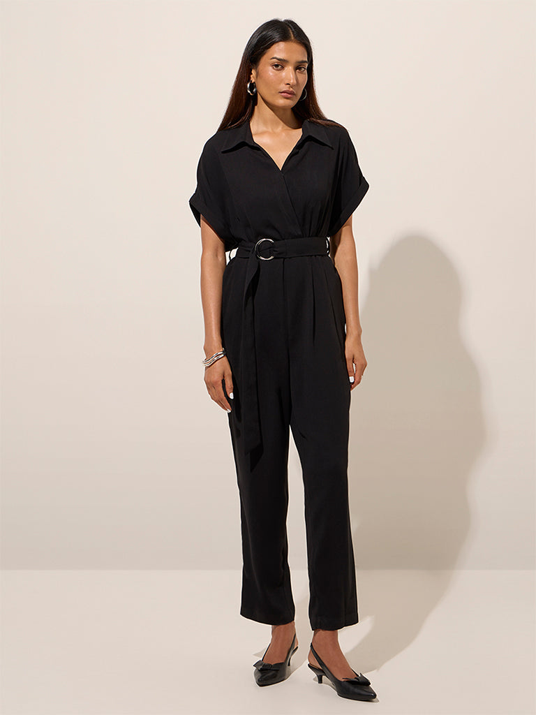 Wardrobe Black Solid Jumpsuit with Belt