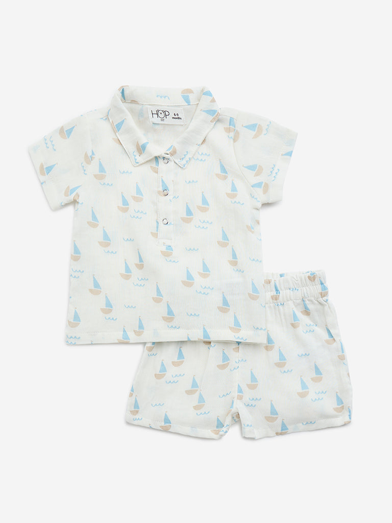 HOP Baby Blue Boat Printed Cotton Shirt with Shorts Set