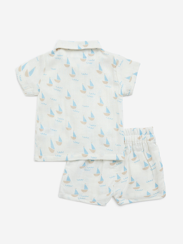 HOP Baby Blue Boat Printed Cotton Shirt with Shorts Set