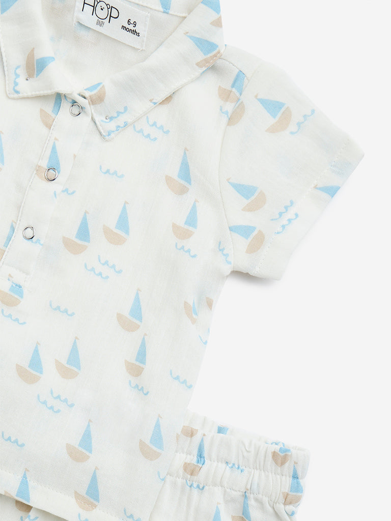 HOP Baby Blue Boat Printed Cotton Shirt with Shorts Set